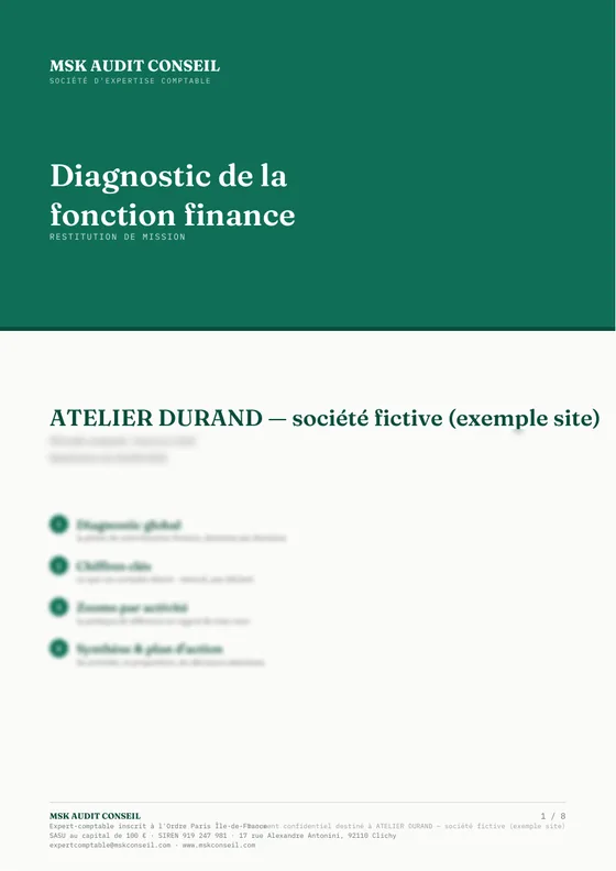 Diagnostic de la fonction finance — restitution de mission, exemple sur une société fictive